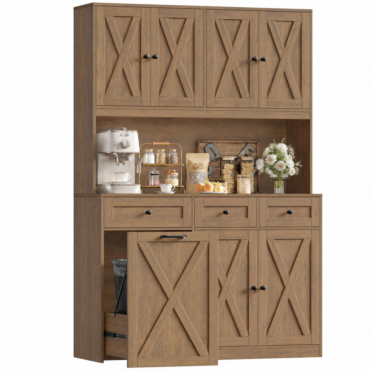 Hiphuta 73” Tall Kitchen Pantry Cabinet Fits 13 Gallon Trash Can Cabinet, Farmhouse Kitchen Storage Hutch with Pull Out Trash Can Storage for Dining Room Living Room, Rustic Brown