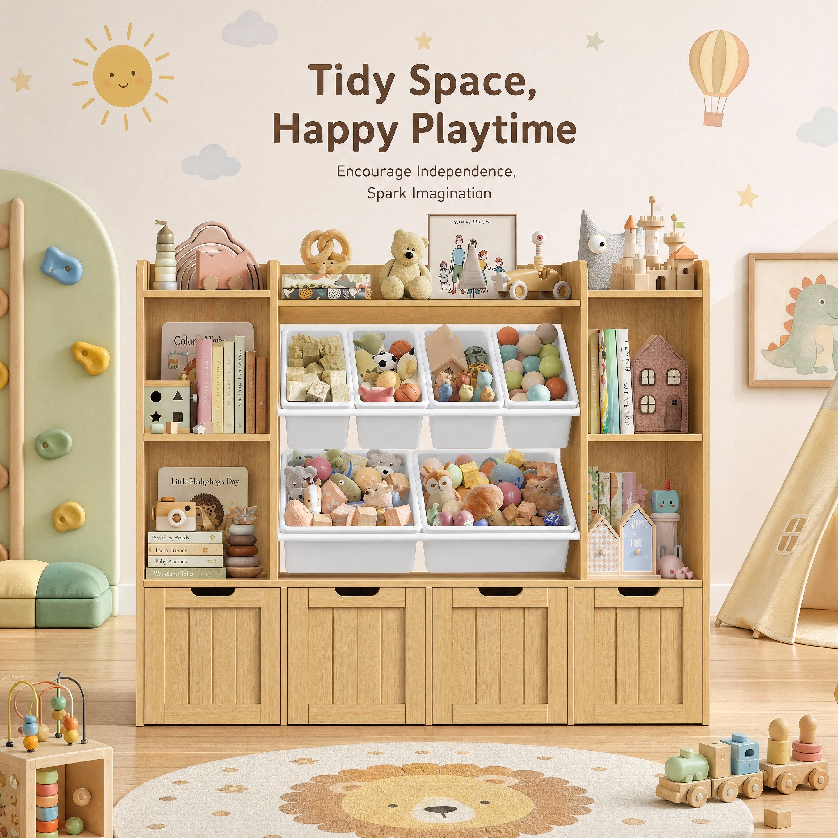 Hiphuta 3-tier 55"in Large Kids Bookcase with Toy Storage Organizer, Wood Toy Organizer of 6 Boxes & 4 Removable Drawers, Natural