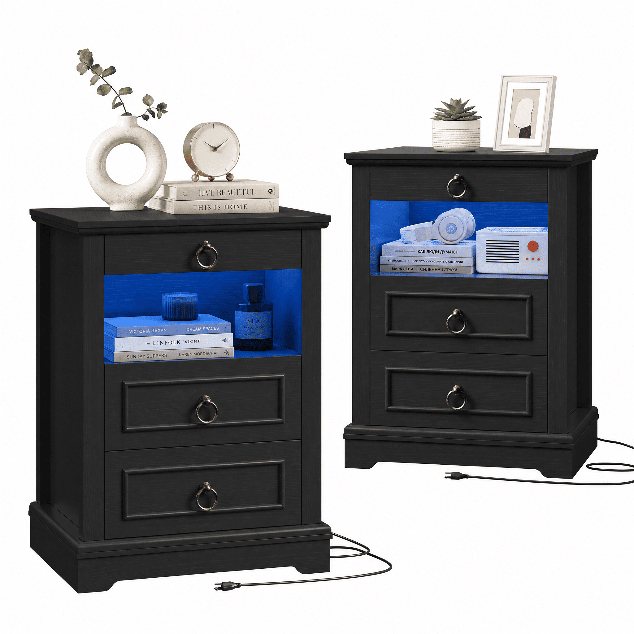 Hiphuta Wide Farmhouse Nightstand Set of 2 with Charging Station, Wood Night Stands End Table with 3 Drawer, LED Bedside Table for Bedroom Living Room, Black