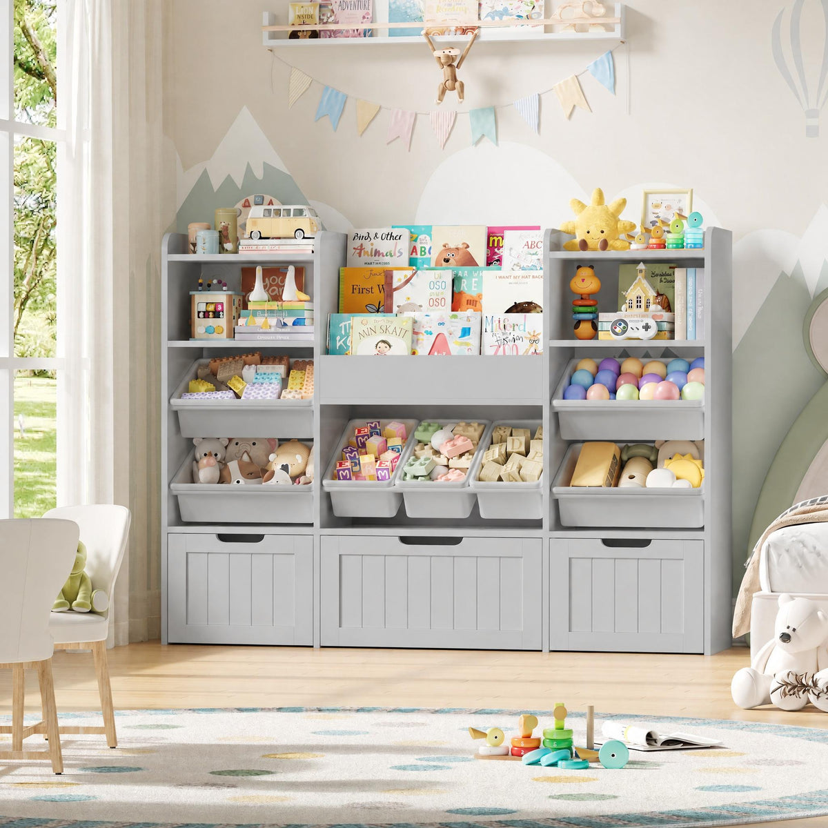 Hiphuta 56”W Kids Toy Storage Organizer with Bookshelf, 3 Removable Drawers & 7 Toy Boxes, Large Wood Toy Organizer for Playroom, Bedroom & Living Room, Gray