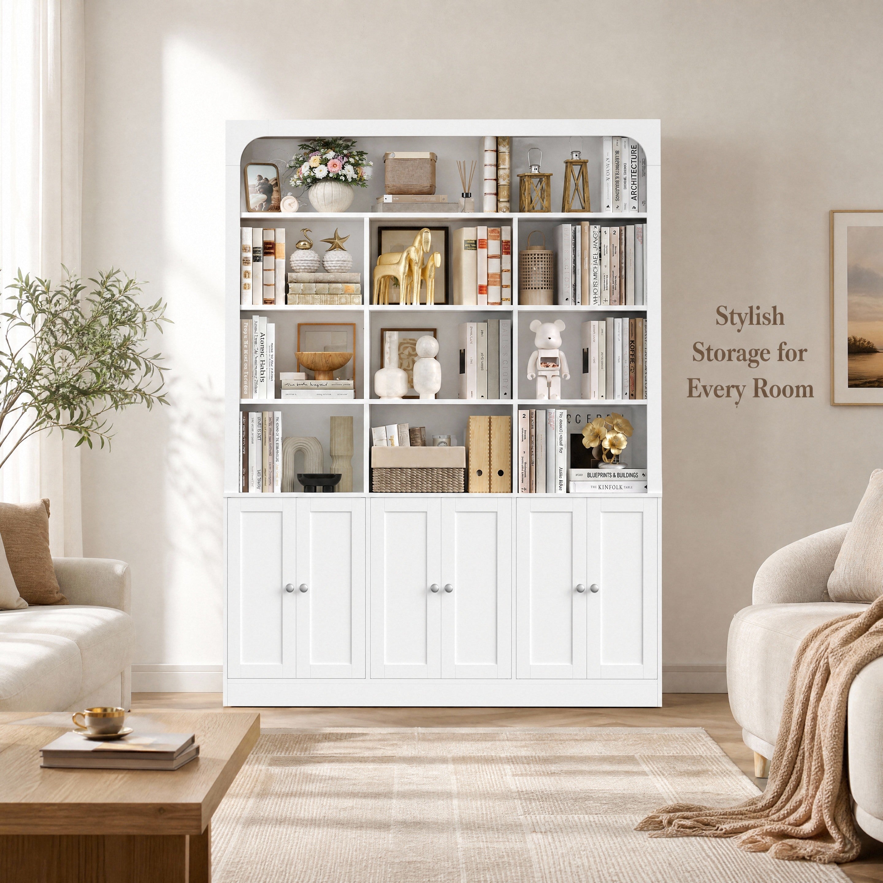 Hiphuta 71" Tall 4-Tier Bookcase with 10 Open Cubes, 56" Wide Extra Large Display Bookshelf with 4 Doors, for Living Room Home Office, White