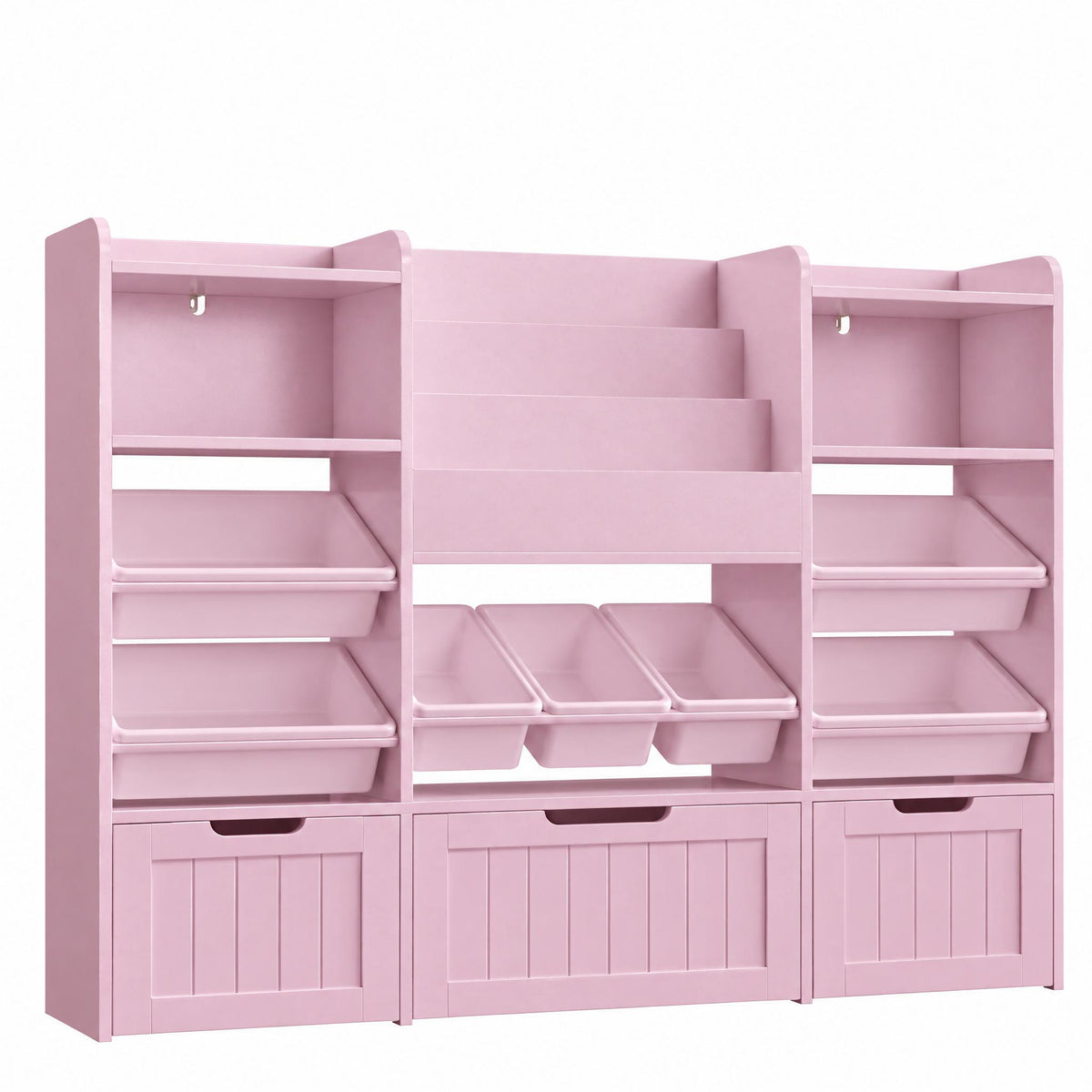 Hiphuta 56”W Kids Toy Storage Organizer with Bookshelf, 3 Removable Drawers & 7 Toy Boxes, Large Wood Toy Organizer for Playroom, Bedroom & Living Room, Pink