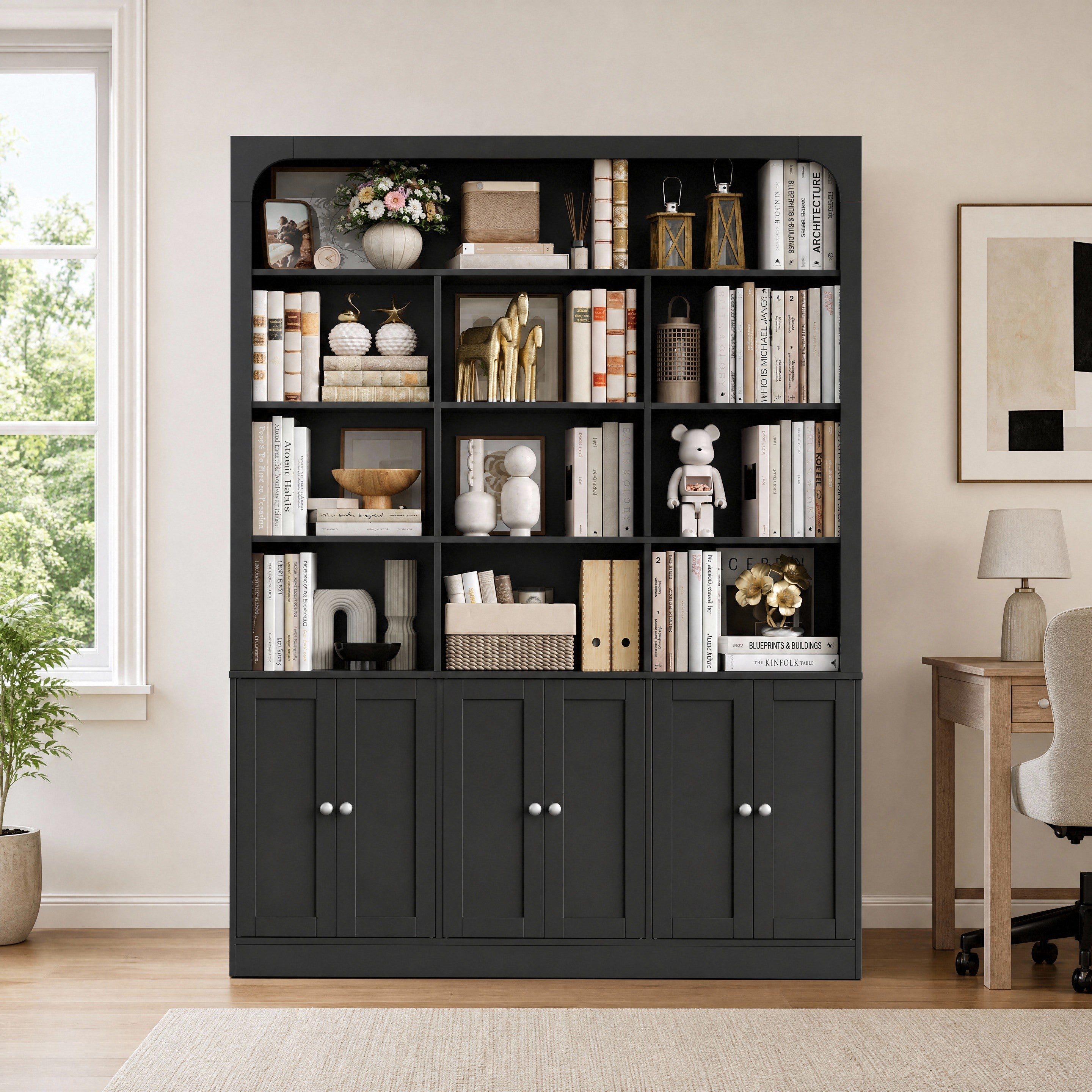 Hiphuta 71" Tall 4-Tier Bookcase with 10 Open Cubes, 56" Wide Extra Large Display Bookshelf with 4 Doors, for Living Room Home Office, Blac
