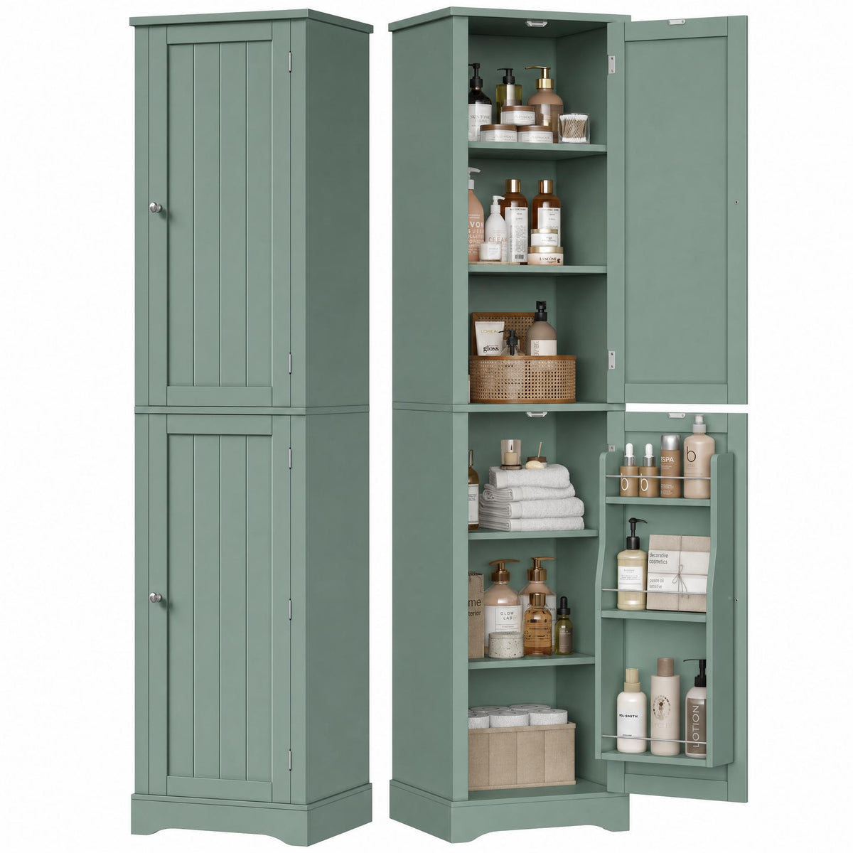 Hiphuta 71" Tall Narrow Bathroom Storage Cabinet, Slim Bathroom Storage Tower with Adjustable Shelves & Door Shelves, Narrow Cabinet with Doors for Small Spaces, Green