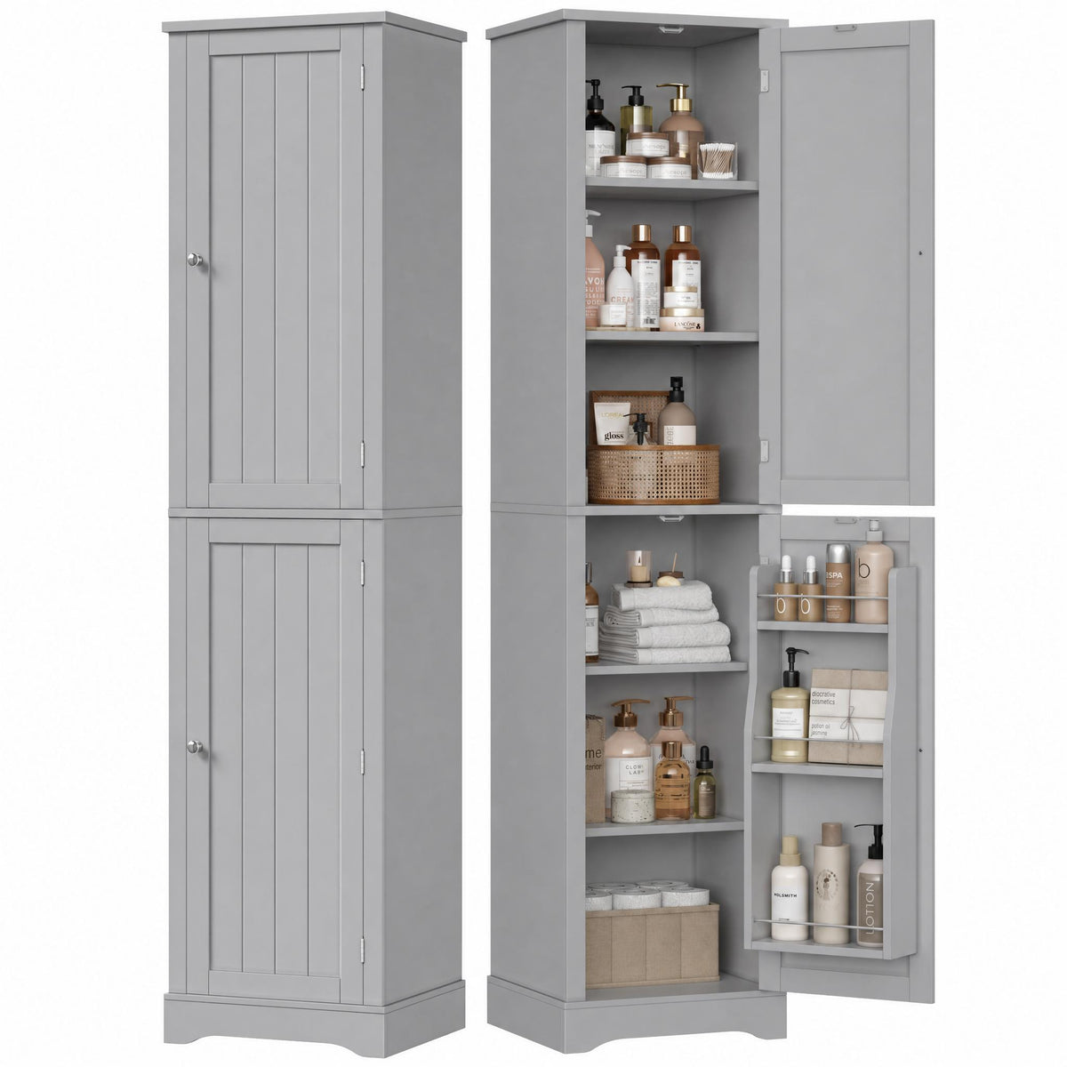 Hiphuta 71" Tall Narrow Bathroom Storage Cabinet, Slim Bathroom Storage Tower with Adjustable Shelves & Door Shelves, Narrow Cabinet with Doors for Small Spaces, Gray