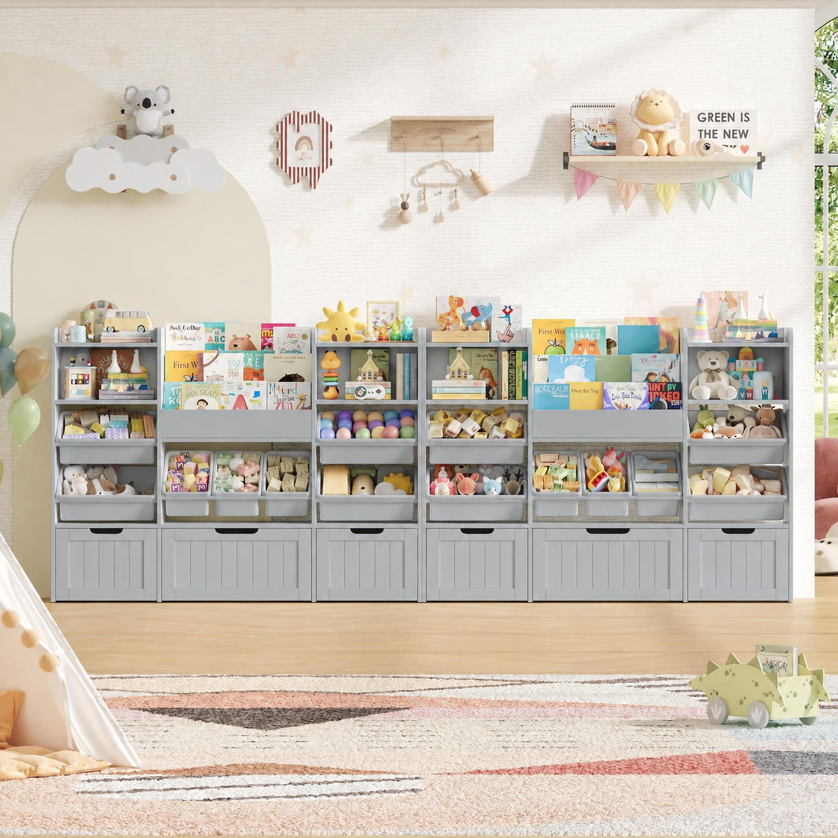 Hiphuta 56”W Kids Toy Storage Organizer with Bookshelf, 3 Removable Drawers & 7 Toy Boxes, Large Wood Toy Organizer for Playroom, Bedroom & Living Room, Gray