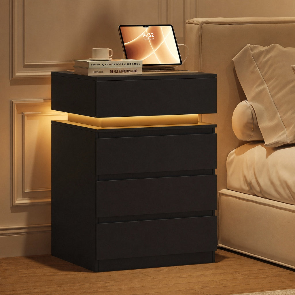 Hiphuta Set of 2 Bedside Table with Charge Station, Bedroom End Table with 4 Drawers, LED Nightstands for Living Room, Black
