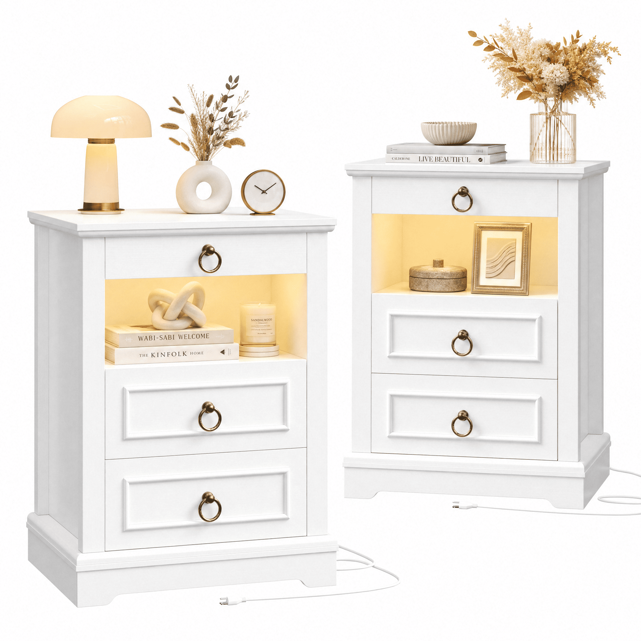 Hiphuta Wide Farmhouse Nightstand Set of 2 with Charging Station, Wood Night Stands End Table with 3 Drawer, LED Bedside Table for Bedroom Living Room, White