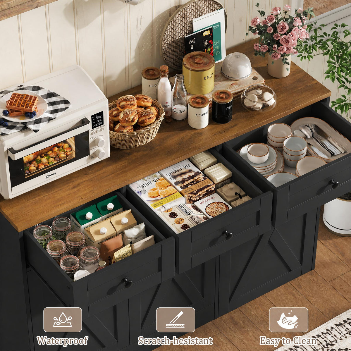 Hiphuta Trash Can Buffet Cabinet Fits 13 Gallon, 47"W Farmhouse Credenza Sideboard with Hidden Garbage Can Cabinet for Dining and Living Room, Black