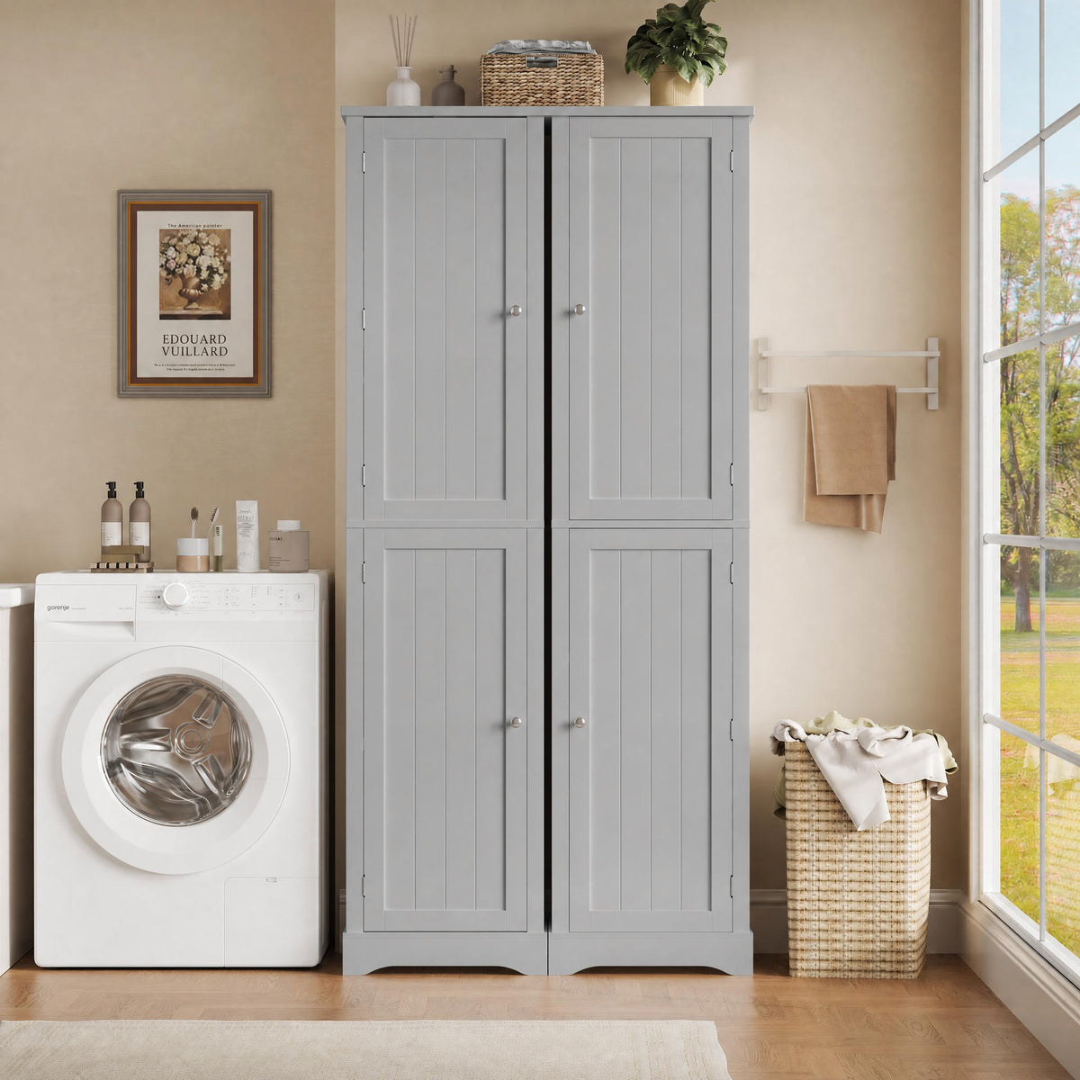 Hiphuta 71" Tall Narrow Bathroom Storage Cabinet, Slim Bathroom Storage Tower with Adjustable Shelves & Door Shelves, Narrow Cabinet with Doors for Small Spaces, Gray
