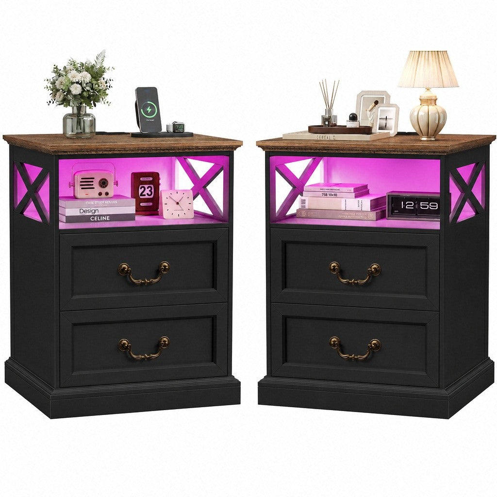 Hiphuta Farmhouse Set of 2 Nightstands with Charge Station, Wood End Table with 3 Drawers for Adult Bedroom, LEDS Bedside Table for Living Room, Black