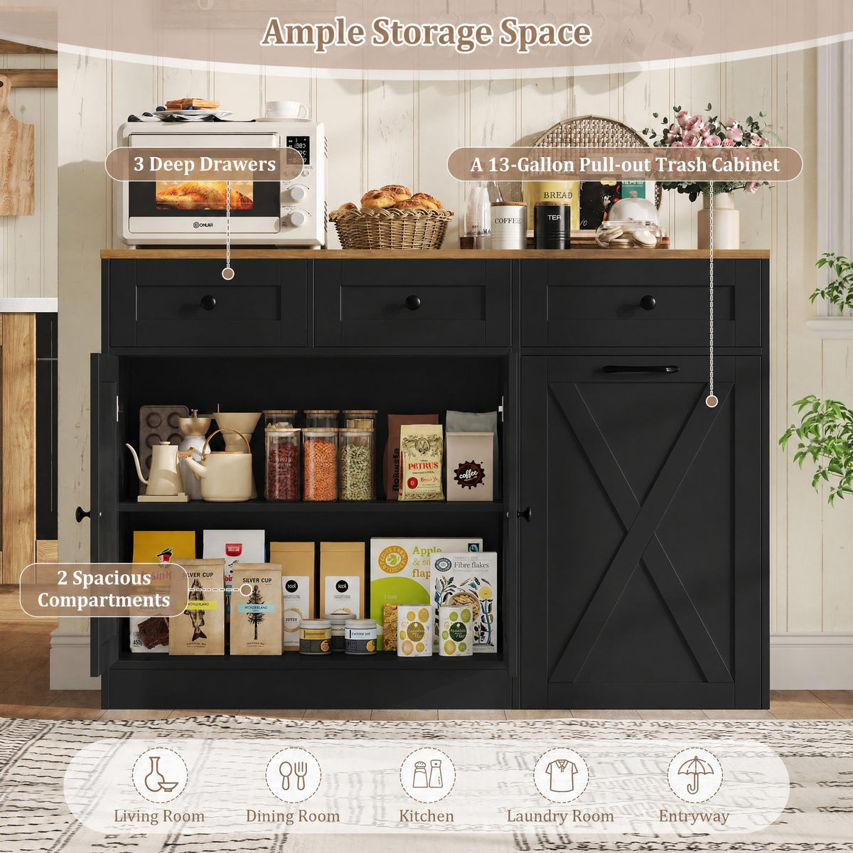 Hiphuta Trash Can Buffet Cabinet Fits 13 Gallon, 47"W Farmhouse Credenza Sideboard with Hidden Garbage Can Cabinet for Dining and Living Room, Black
