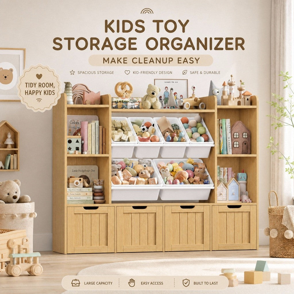 Hiphuta 3-tier 55"in Large Kids Bookcase with Toy Storage Organizer, Wood Toy Organizer of 6 Boxes & 4 Removable Drawers, Natural