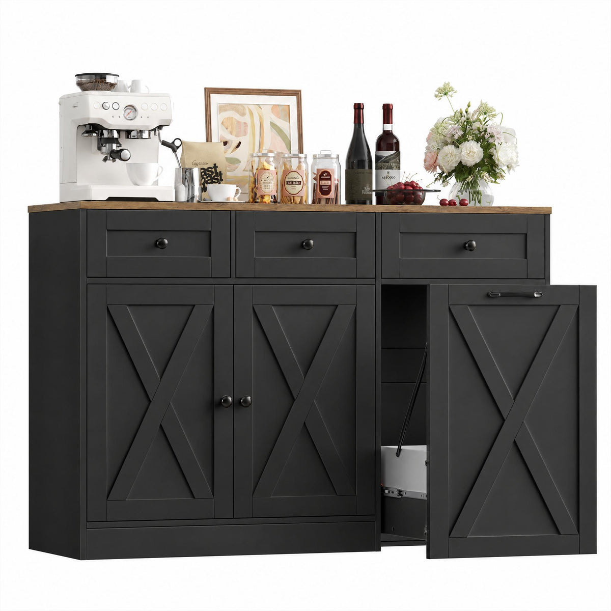 Hiphuta Trash Can Buffet Cabinet Fits 13 Gallon, 47"W Farmhouse Credenza Sideboard with Hidden Garbage Can Cabinet for Dining and Living Room, Black
