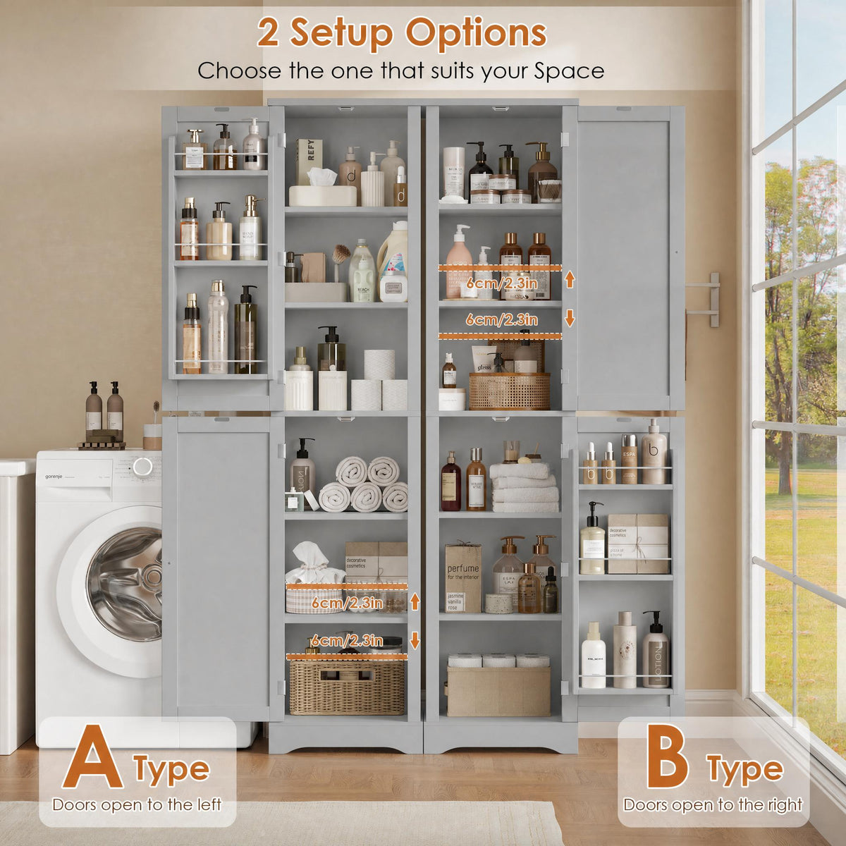 Hiphuta 71" Tall Narrow Bathroom Storage Cabinet, Slim Bathroom Storage Tower with Adjustable Shelves & Door Shelves, Narrow Cabinet with Doors for Small Spaces, Gray