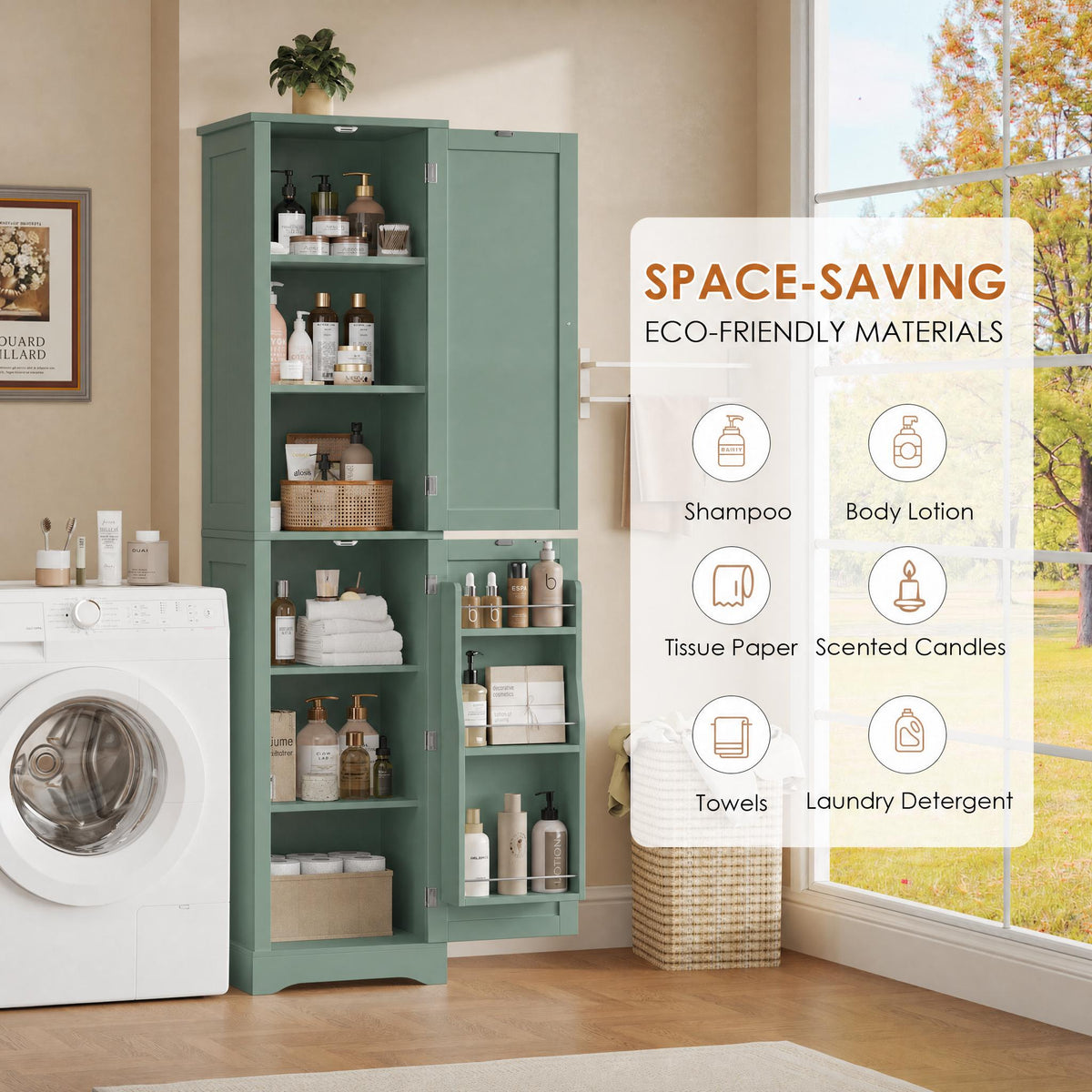 Hiphuta 71" Tall Narrow Bathroom Storage Cabinet, Slim Bathroom Storage Tower with Adjustable Shelves & Door Shelves, Narrow Cabinet with Doors for Small Spaces, Green