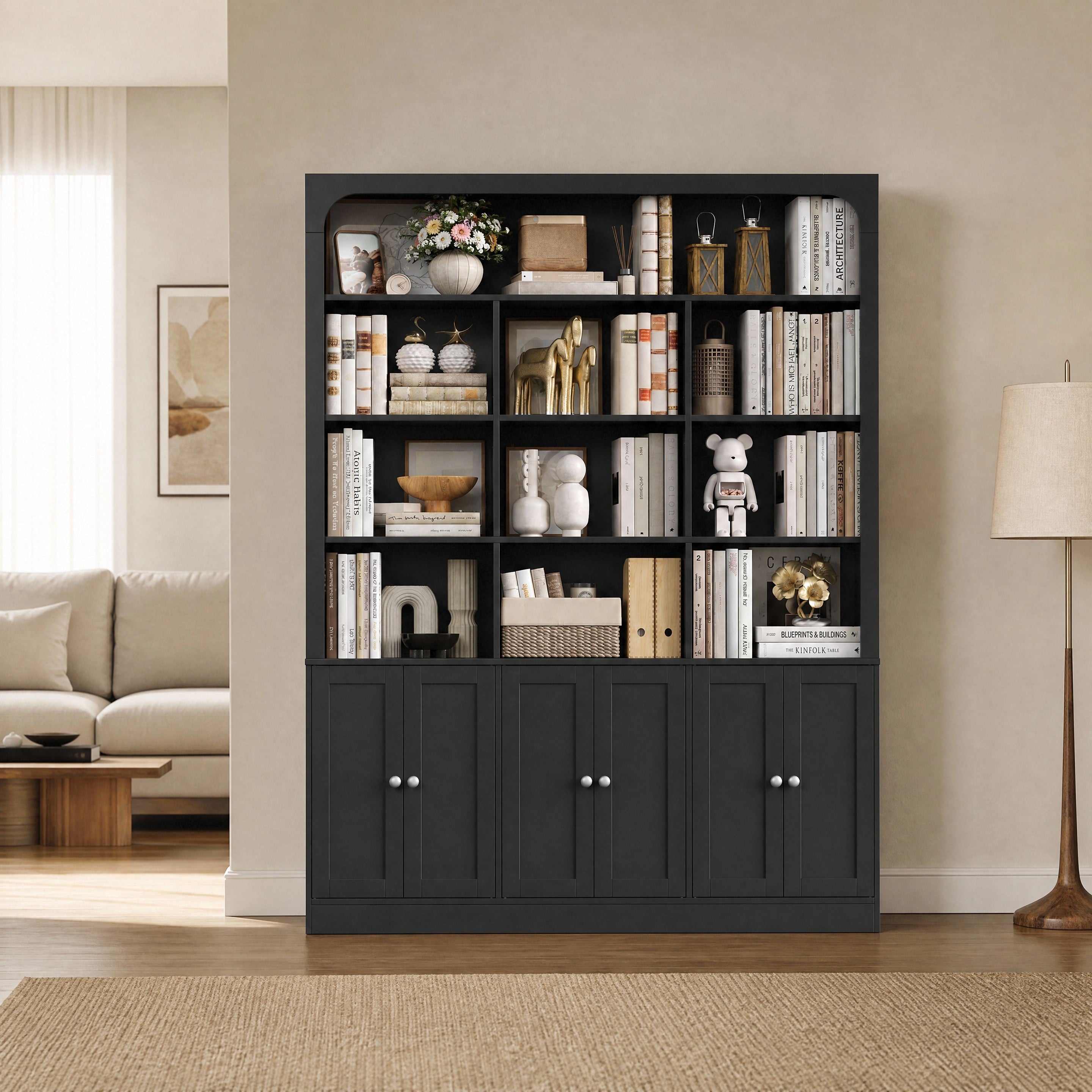 Hiphuta 71" Tall 4-Tier Bookcase with 10 Open Cubes, 56" Wide Extra Large Display Bookshelf with 4 Doors, for Living Room Home Office, Blac
