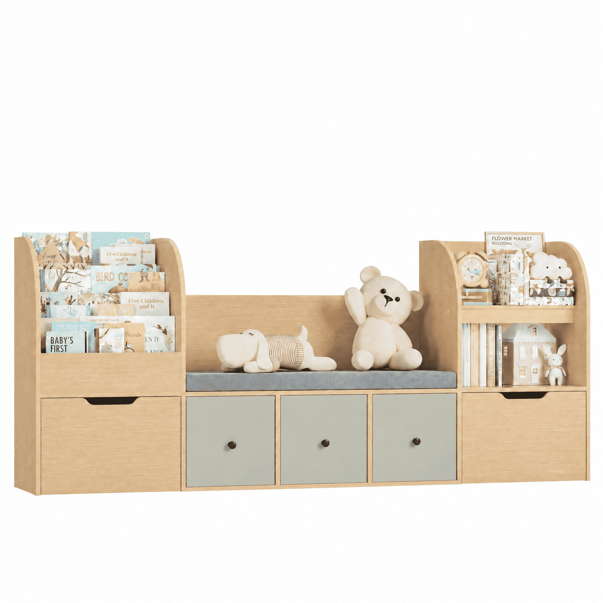 Hiphuta 71" Wide Kids Bookcase with Reading Nook, Large Toy Storage Organizer with 5 Drawers and Seat Cushion, Natural