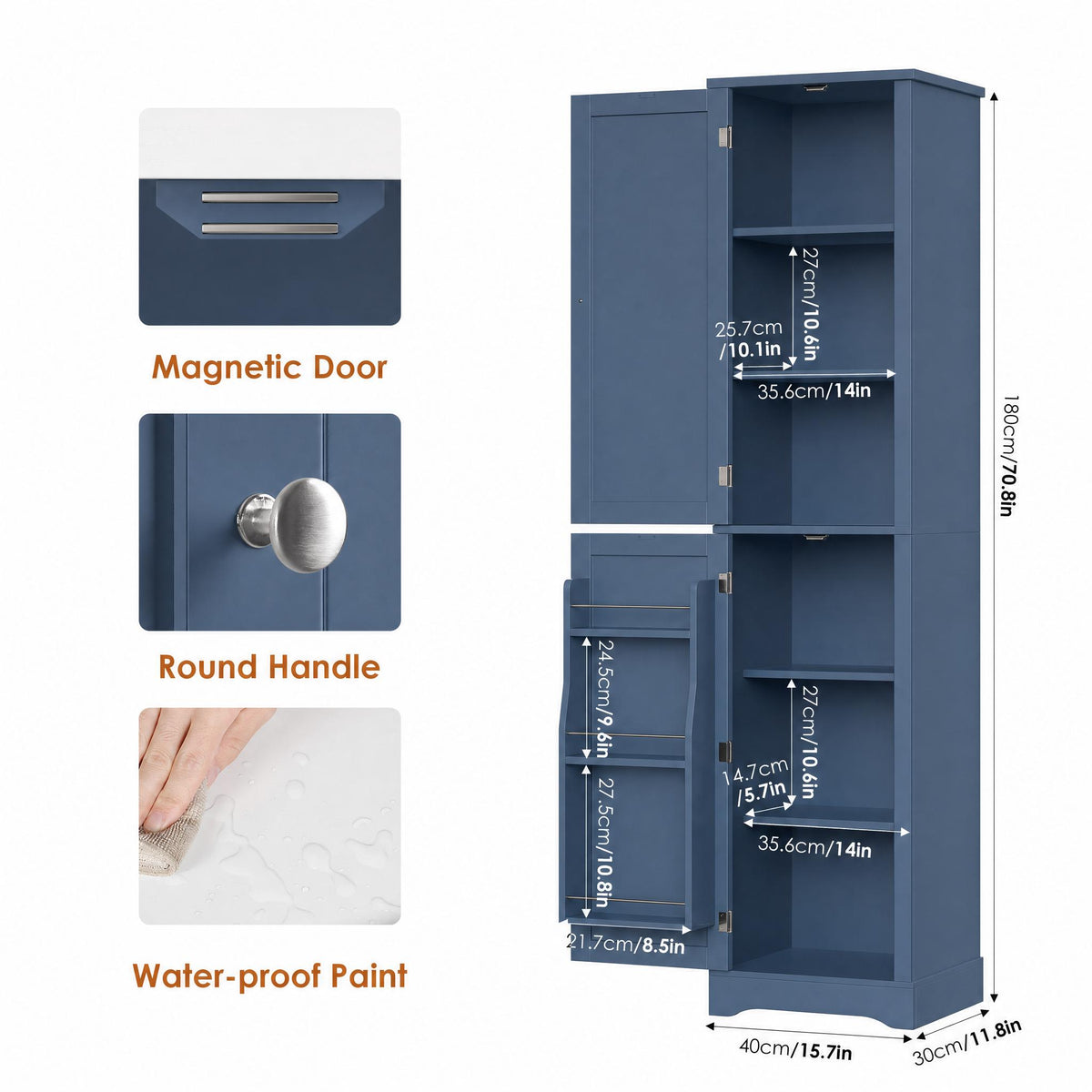 Hiphuta 71" Tall Narrow Bathroom Storage Cabinet, Slim Bathroom Storage Tower with Adjustable Shelves & Door Shelves, Narrow Cabinet with Doors for Small Spaces, Blue