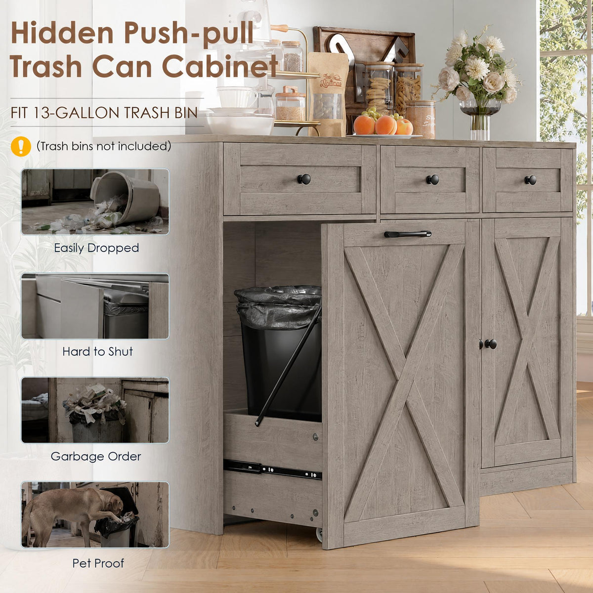 Hiphuta 73” Tall Kitchen Pantry Cabinet Fits 13 Gallon Trash Can Cabinet, Farmhouse Kitchen Storage Hutch with Pull Out Trash Can Storage for Dining Room Living Room, Ash Gray