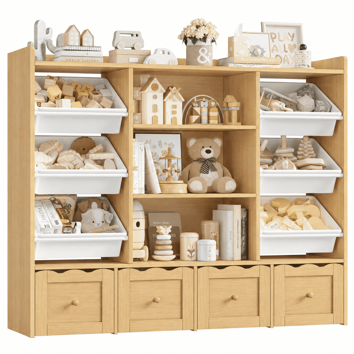 Hiphuta 55" Wide Toy Storage Organizer with 4 Removable Drawers, 4-Tier Kid Bookcase with 6 Bins, Toy Organizer with Bookcase for Kid Bedroom Playroom, Natural