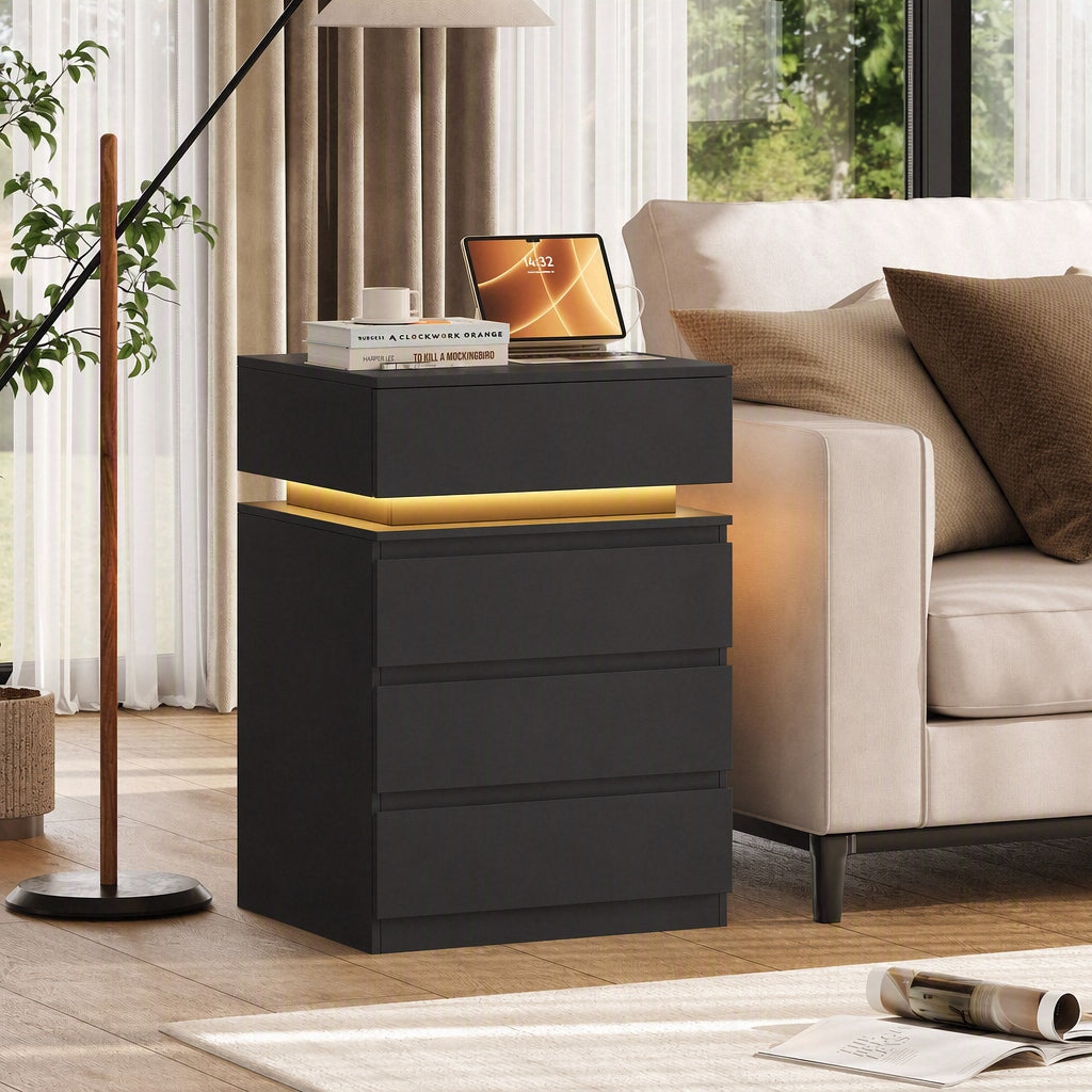 Hiphuta Set of 2 Bedside Table with Charge Station, Bedroom End Table with 4 Drawers, LED Nightstands for Living Room, Black