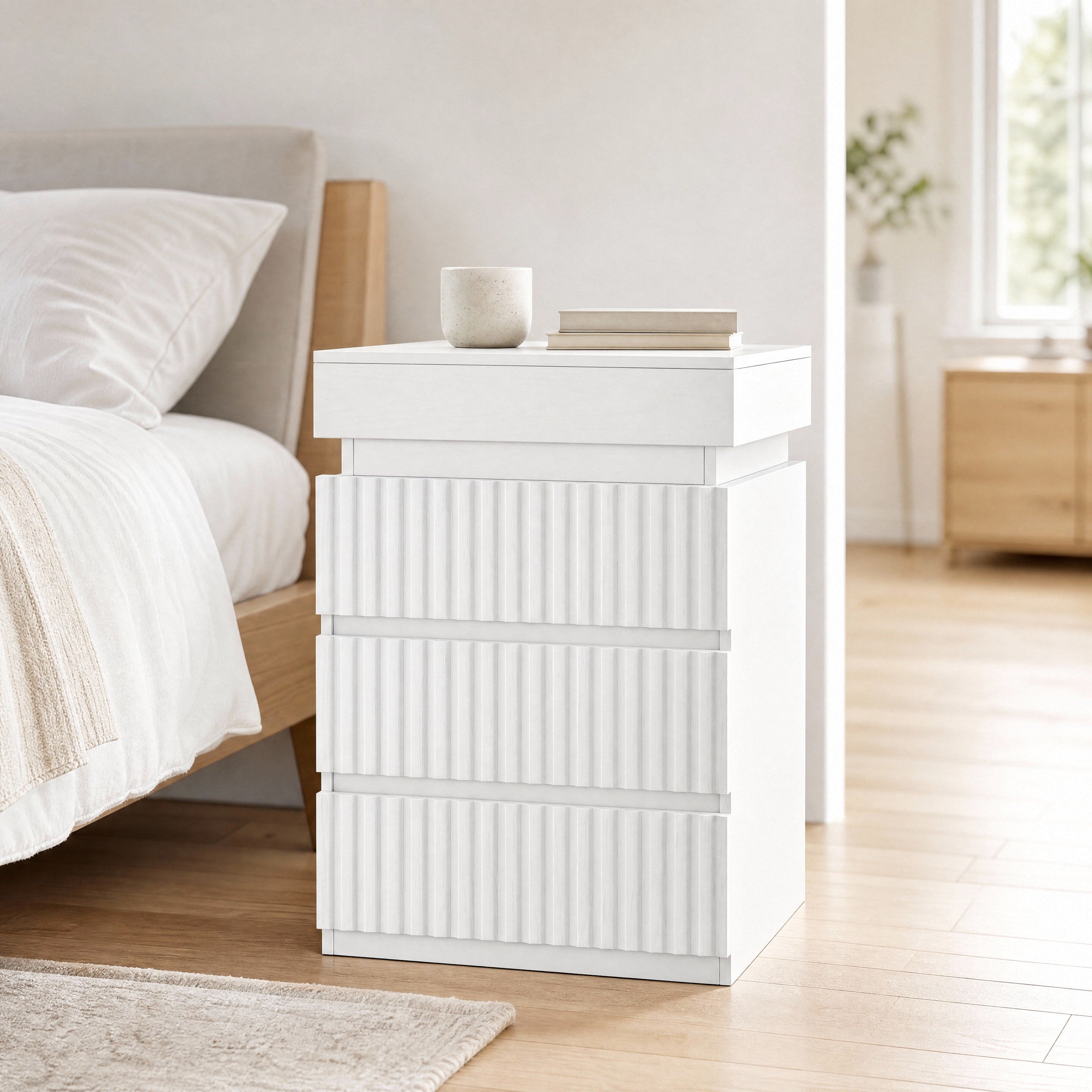 Hiphuta Set of 2 Nightstands with Charging Station, Wood End Table with 3 Drawers for Adult Bedroom Living Room, White