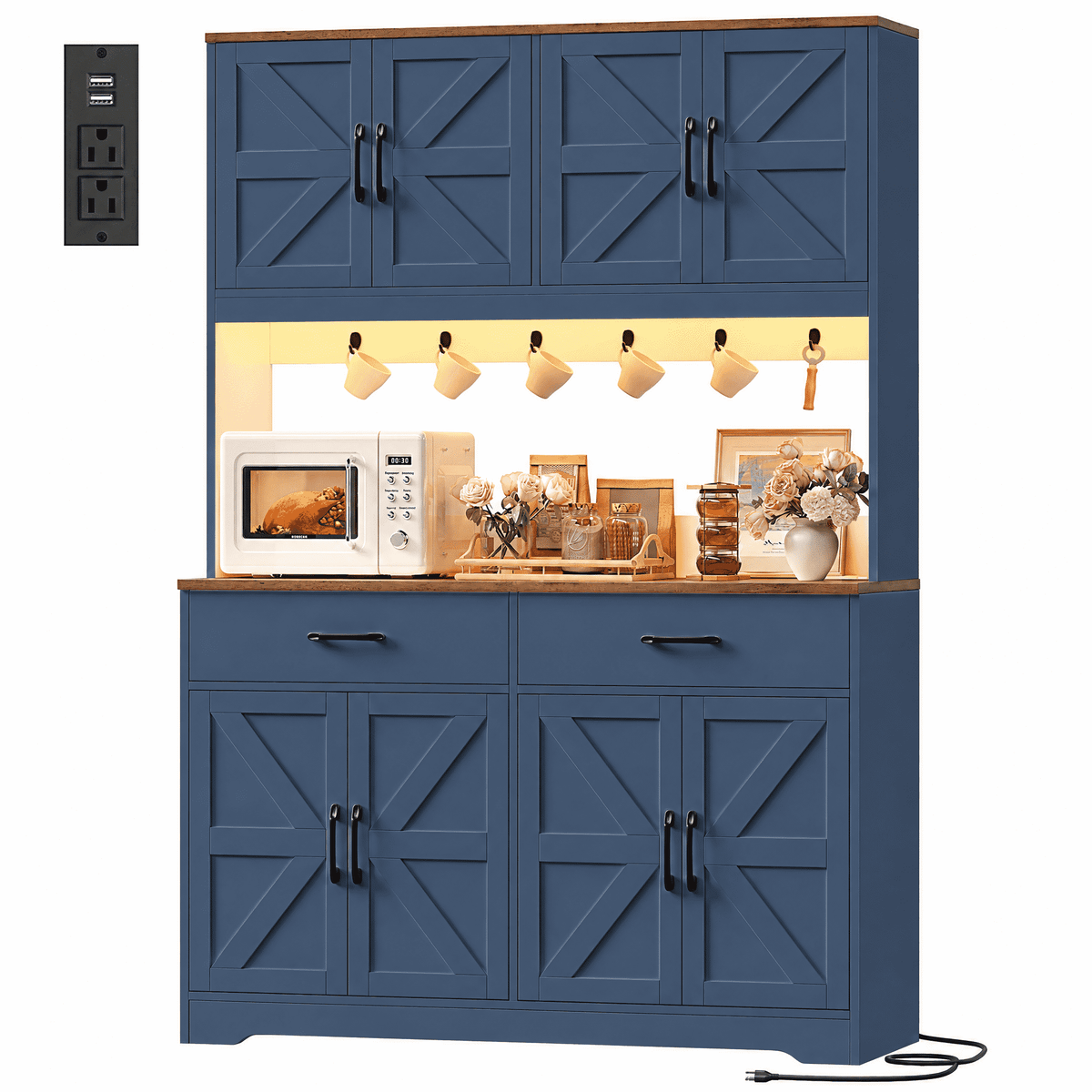 Hiphuta 71" Tall Kitchen Pantry Storage Cabinet with RGB LED and 6 Metal Hooks, Farmhouse Coffee Bar Cabinet with Charging Station, Buffet with Hutch and Microwave Stand, Blue