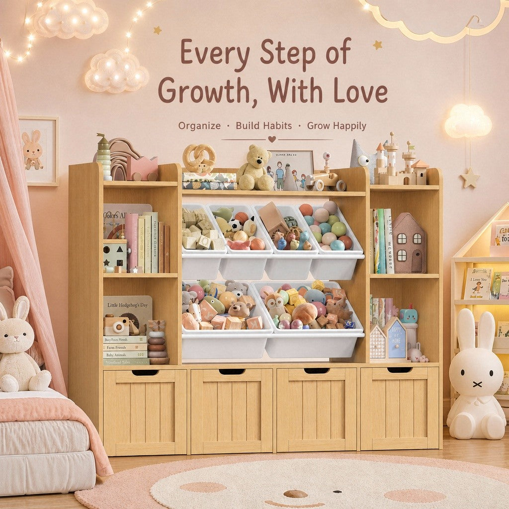 Hiphuta 3-tier 55"in Large Kids Bookcase with Toy Storage Organizer, Wood Toy Organizer of 6 Boxes & 4 Removable Drawers, Natural