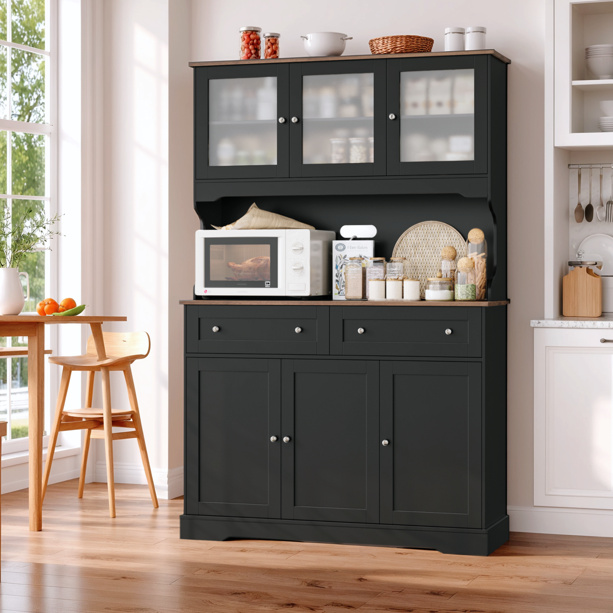 Hiphuta 72"Tall Kitchen Pantry Storage Cabinet with Power Outlet, Freestanding Cupboard Storage Buffet Hutch with Microwave Stand, Coffee Bar with Drawers & Glass Doors, Black & Oak