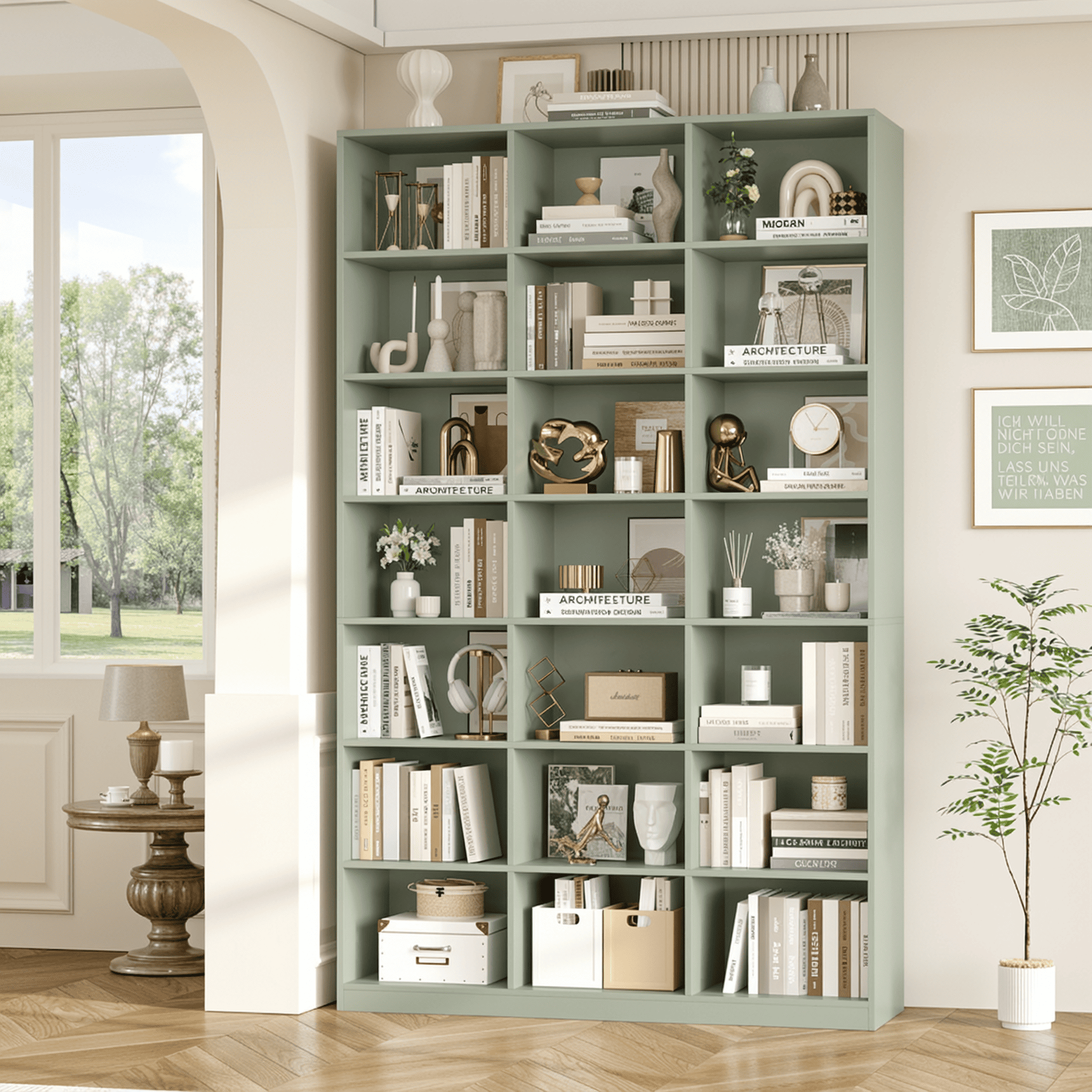 Hiphuta 86"H x 47"W Wood Triple 7-Tier Standard Bookcase, Tall Bookcase for Bedroom, Living Room and Office, Freestanding 21 Cubes Display Storage Shelves, Green