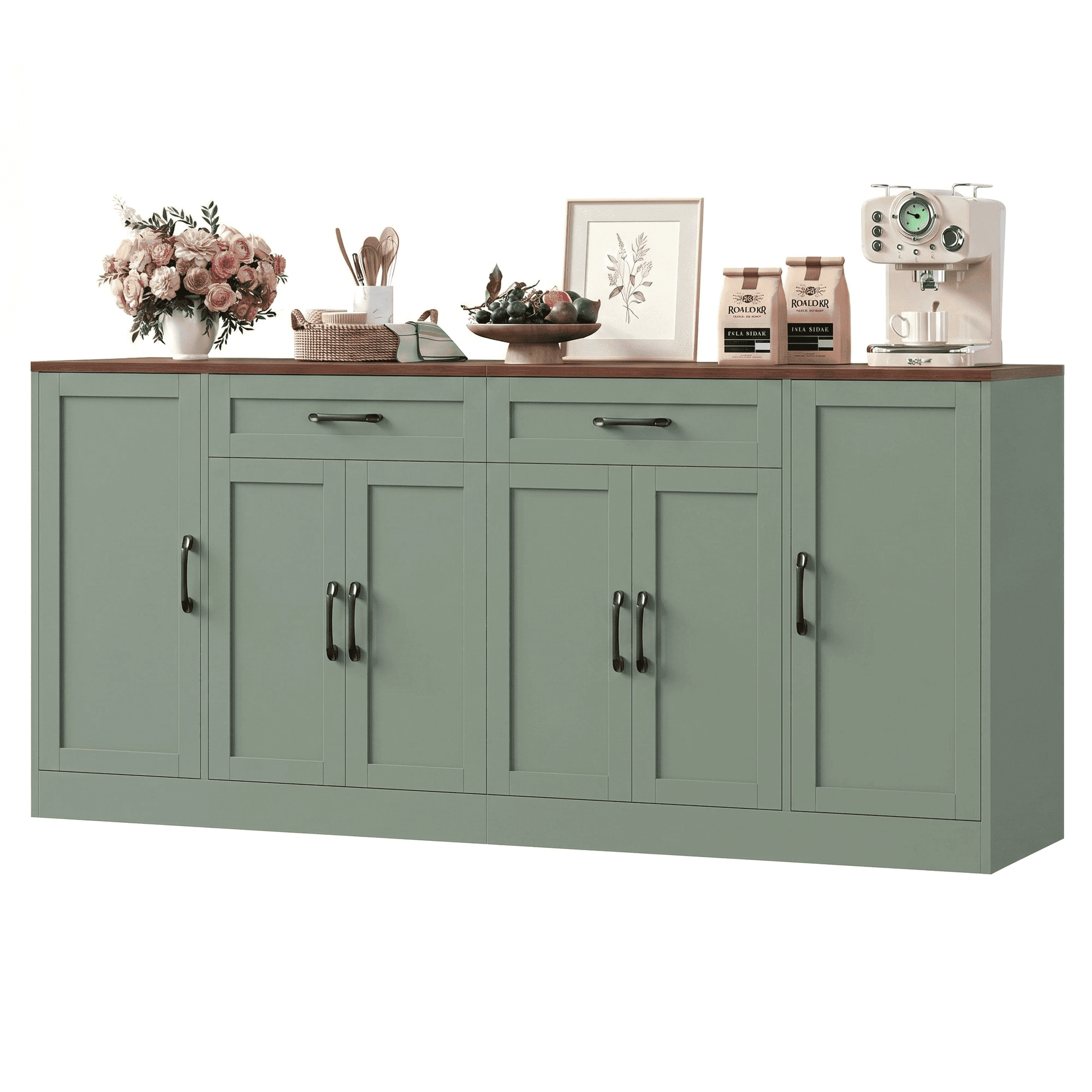 Hiphuta 70.8"W Large Buffet Cabinet with 6 Doors, Modern Farmhouse Sideboard with 2 Drawers, Coffee Bar for Kitchen Dining Room Living Room, Green