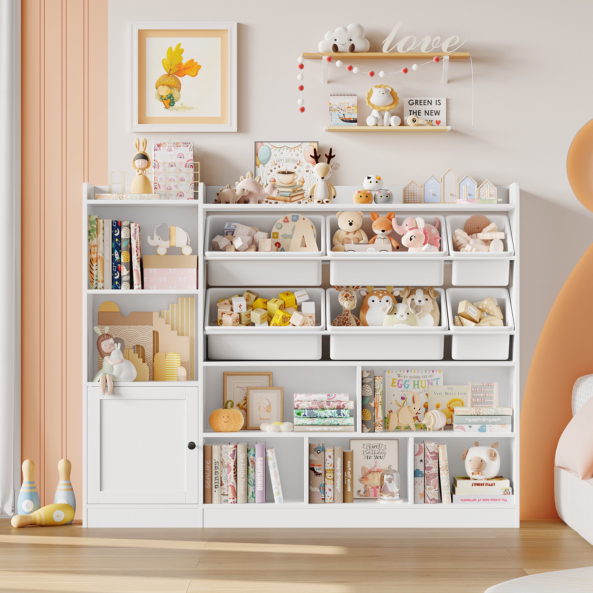 Hiphuta Kids Toy Organizer, Wood Toy Cabinet of 8 Compartments & 6 Movable Bins, White Bookshelf for Kids Bedroom